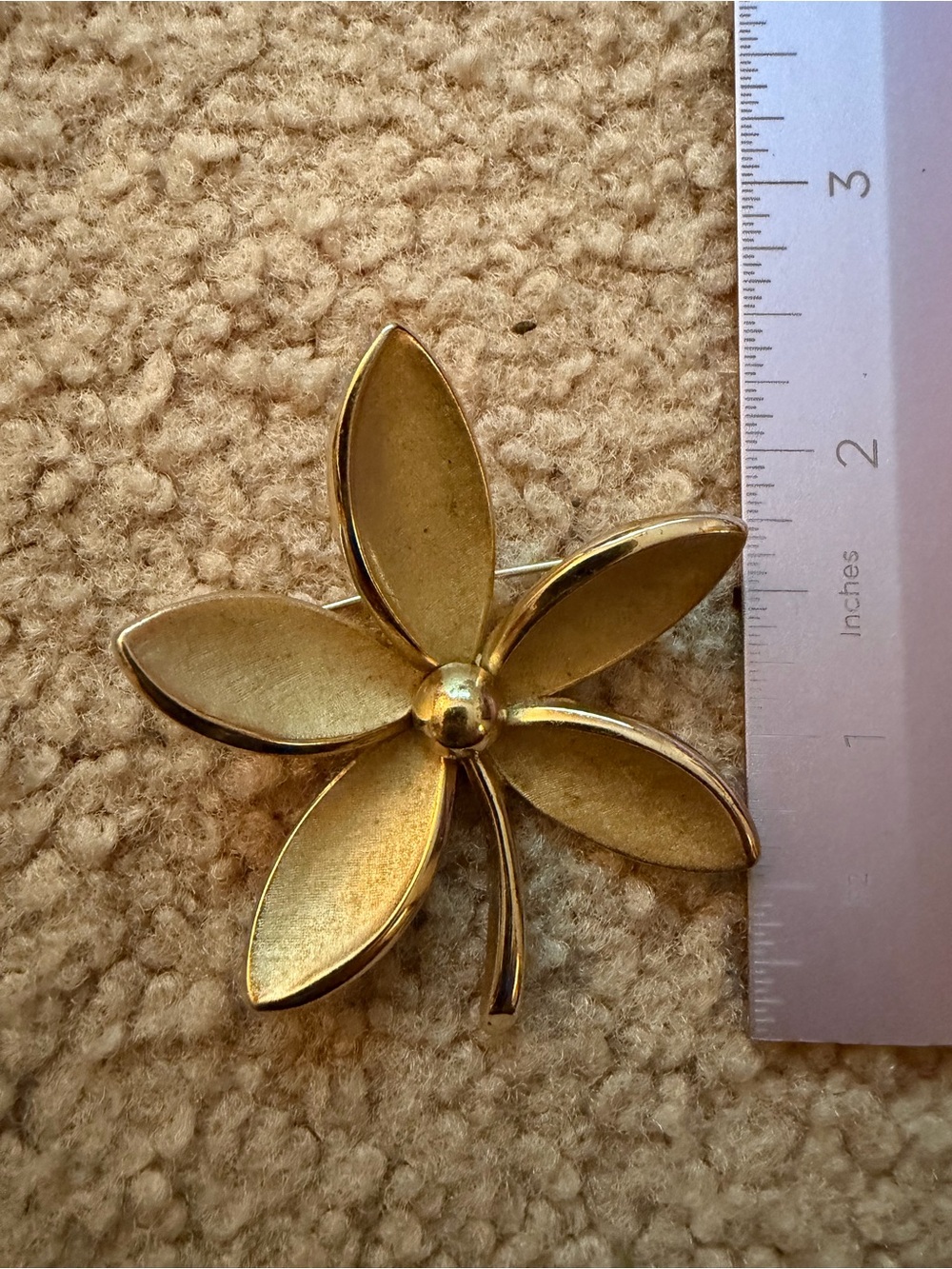 Vintage Trifari Gold Tone 5 Petal Flower Brooch Brushed Satin Signed 1950s 60s